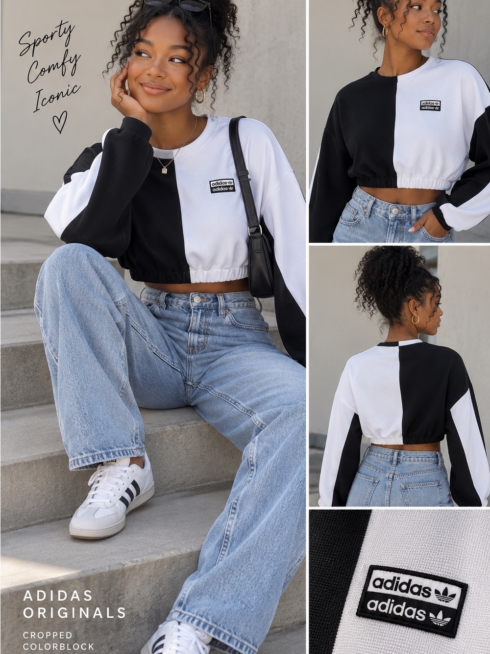 Adidas Originals Black White Colorblock Cropped Sweatshirt XS